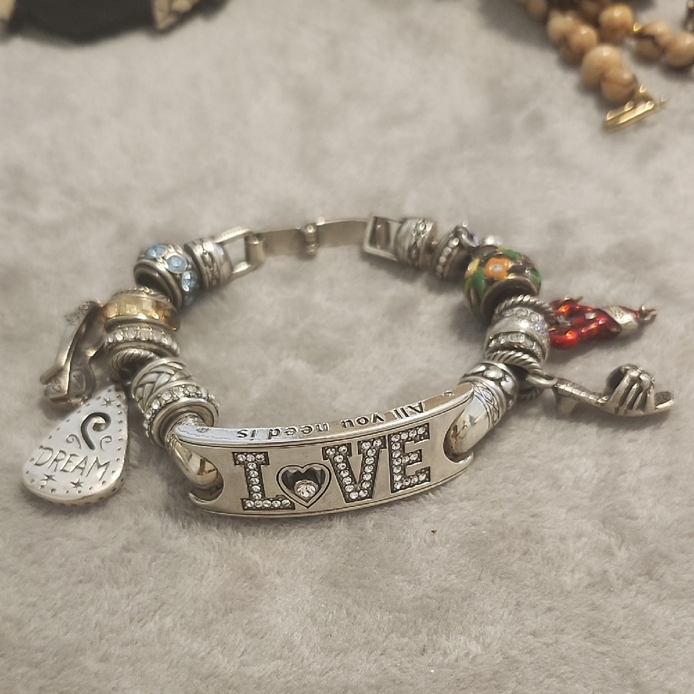 BRIGHTON LOVE Charm Bracelet with Crystal Accents - Silver Tone AND CHARMS